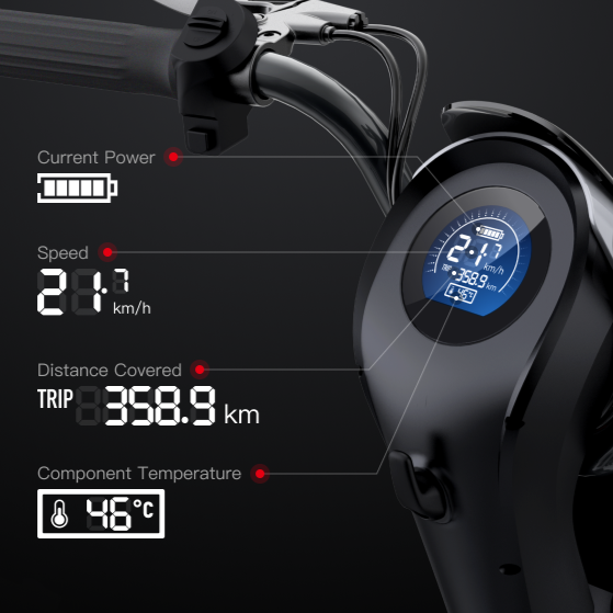 Close up of the Ridezar DYU L1 Electric Bike Smart Screen.