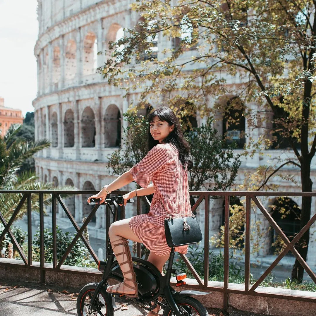 Woman Riding The DYU D3F Folding Ebike